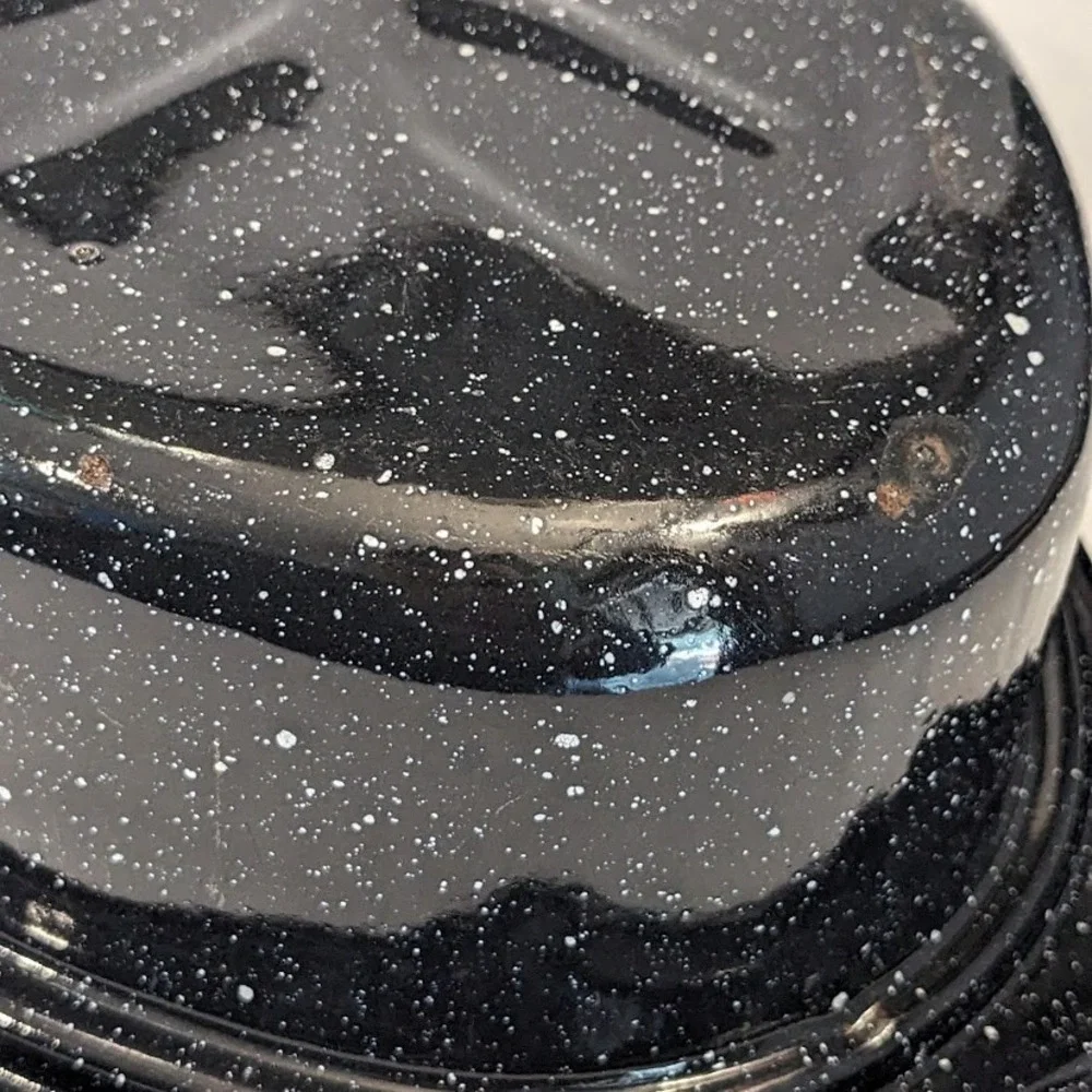 Vintage Graniteware Roasting Pan Black White Speckled Enamelware Oval Lidded 13